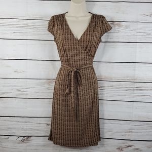 Brown Patterned Wrap-Style Dress with Tie Waist